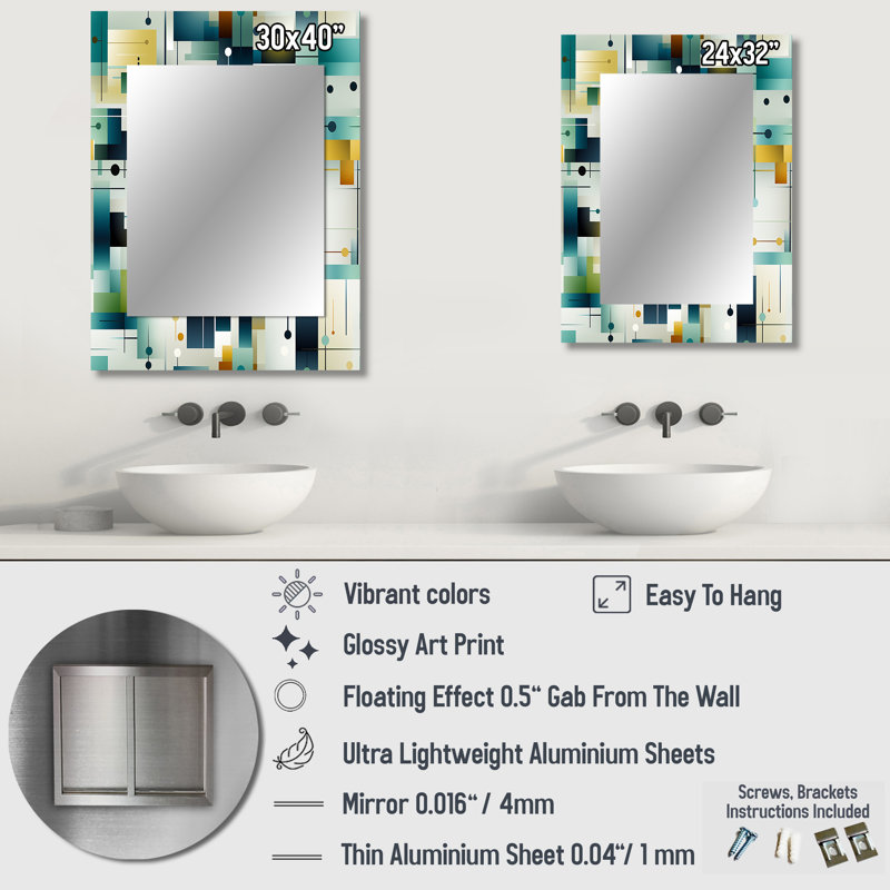 Izar Green Cubic  Oasis Geometric - Geometric  Large Wall Mirror, Geometric Decorative Mirror, Printed Metal Art, 32" x 24"