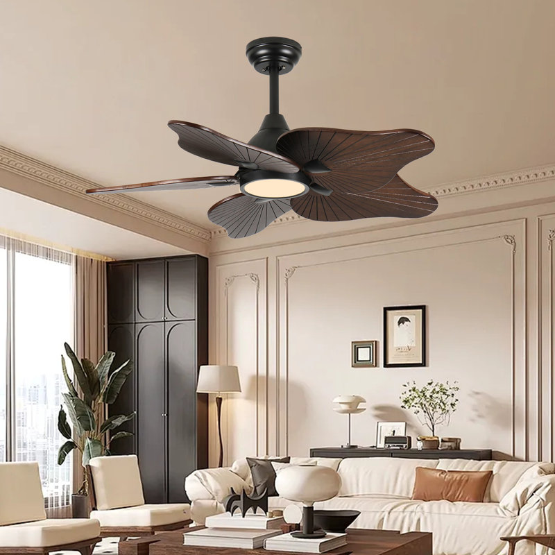 Ventilateur de plafond avec lumière, 5 pales en bois massif, moteur à courant continu, application et télécommande, DEL à spectre complet à intensité variable, flux d'air réversible, fonctionne sur les plafonds inclinés
