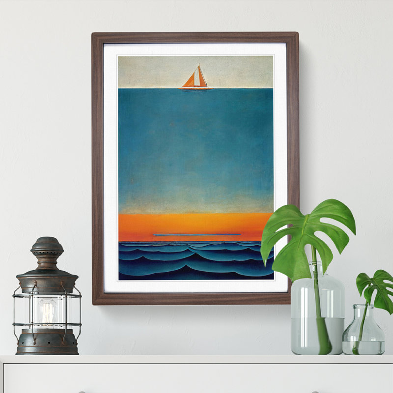Boat Above the Horizon - Wall Art, 36cm H x 27cm W x 2cm D, Walnut Framed, White