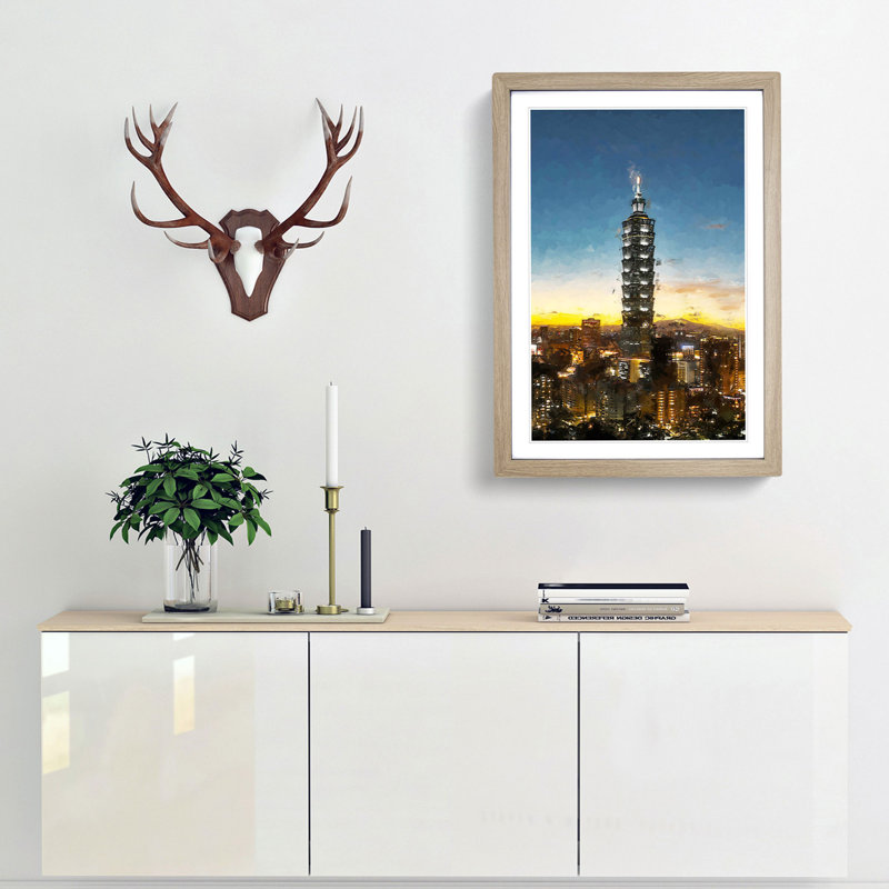 Taipei City in Taiwan Abstract Art - Framed Print, 65cm H x 48cm W x 2cm D, Oak Framed