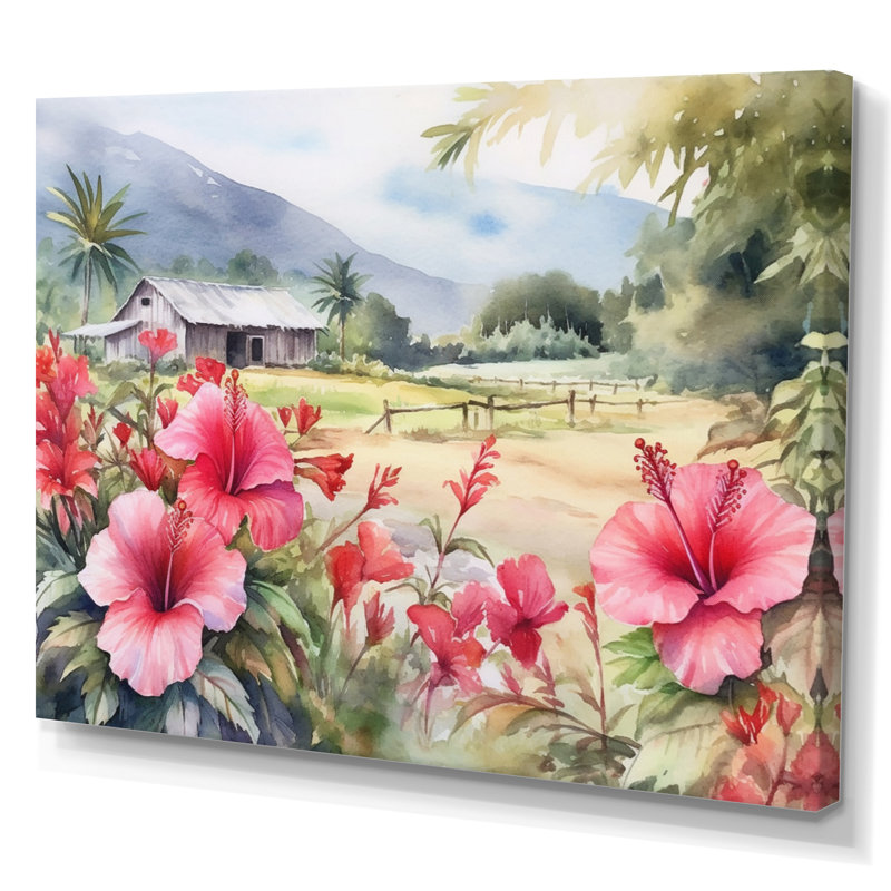 Hibiscus rose, vert, harmonie tropicale II sur toile, Toile tendue, H 34 po x l 44 po x P 1 po