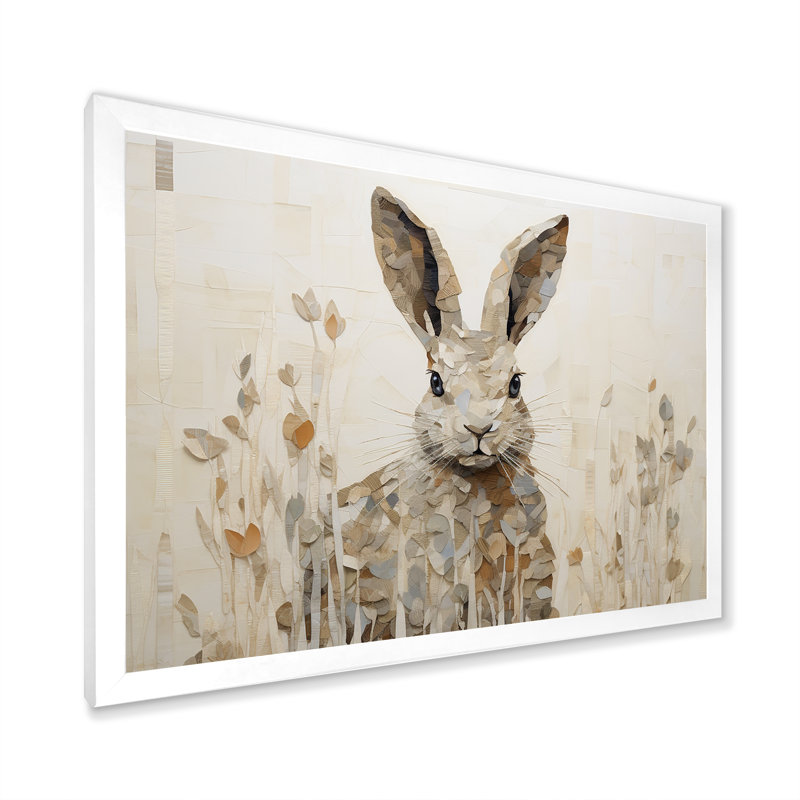Bunnys Curious Flower Charm II - Lapin, art mural, salon, Cadre simple blanc, H 16 po x l 32 po x P 1 po