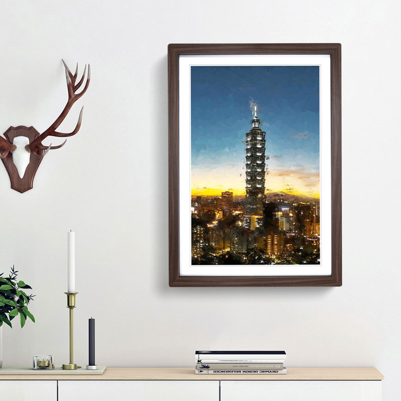 Taipei City in Taiwan Abstract Art - Picture Frame Graphic Art Print, 65cm H x 48cm W x 2cm D, Walnut Framed