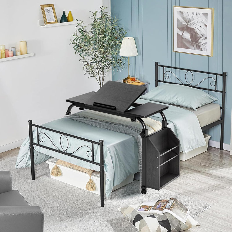 Overbed Table with Wheels - 31.5" Laptop Desk Cart, Adjustable Height (24"-35") & Length (32"-47"), 5-Setting Tilt Board, 350LBS Solid Wood/Steel, Cross-Bed Eating Desk for Hospital & Home Use