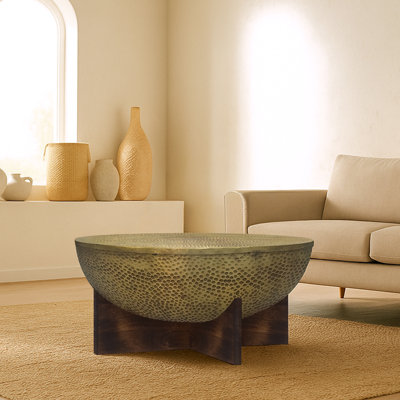 Arden Coffee Table | Round Hammered Metal Top | Mango Wood Base| Antique Brass
