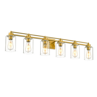 6-Light Industrial Dimmable Vanity Light, Clear Glass Shade, Brushed Gold
