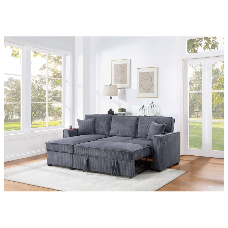 Ensemble de canapé modulaire convertible en velours côtelé gris foncé avec méridienne réversible et lit escamotable