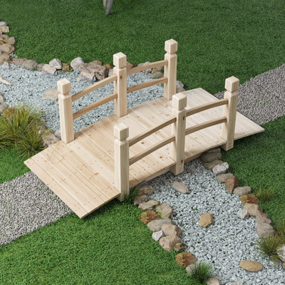 Kinfant 5FT Wooden Garden Bridge with Double Safety Railings – Solid Fir Wood, Carbonized Finish, 450 lbs Capacity, Decorative Arch Footbridge for Pond, Stream, Pathway, Backyard, Patio & Landscape