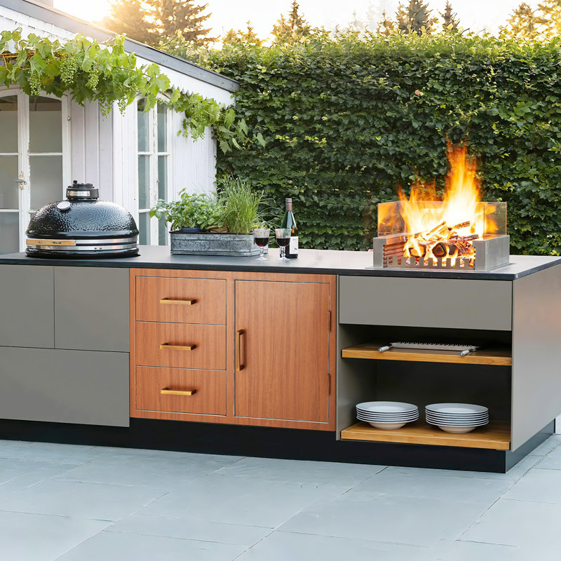 Combo de porte de cuisine extérieure en acier inoxydable de 38,2 pouces avec trois tiroirs et porte d'accès, rangement au propane, anneau de poubelle réglable