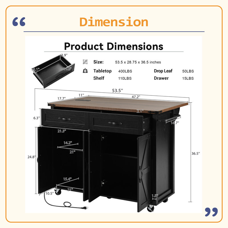 53.5''Farmhouse Kitchen Island With Power Outlet, Kitchen Storage Island With Drop Leaf, Spice Rack And Drawer, Rolling Kitchen Cart On Wheels, For Home, Kitchen And Dining Room