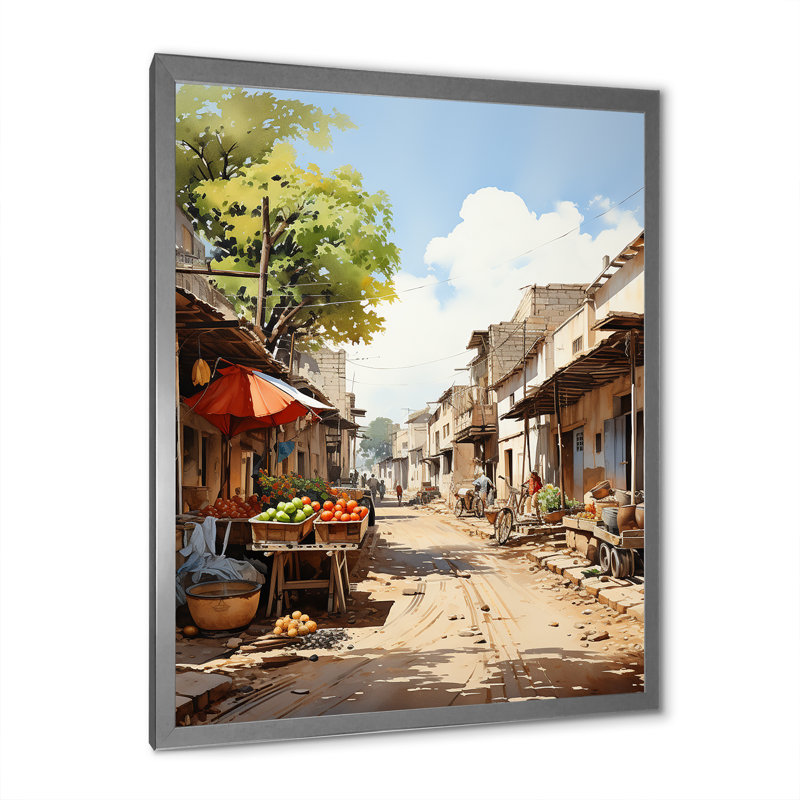 «Beige Red Minimalist Artwork of Village», reproduction d'art sur toile, H 40 po x l 30 po x P 1,5 po, Cadre photo argenté