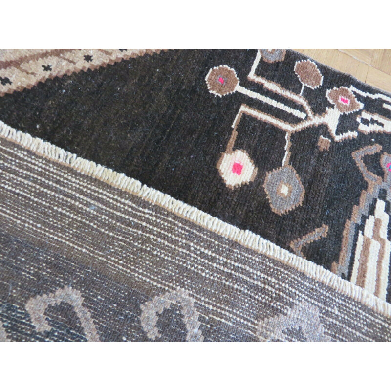 Tapis de couloir en laine noué à la main noir de conception unique 5 pi 5 po x 13 pi 1 po Corentin Tapis décoratif