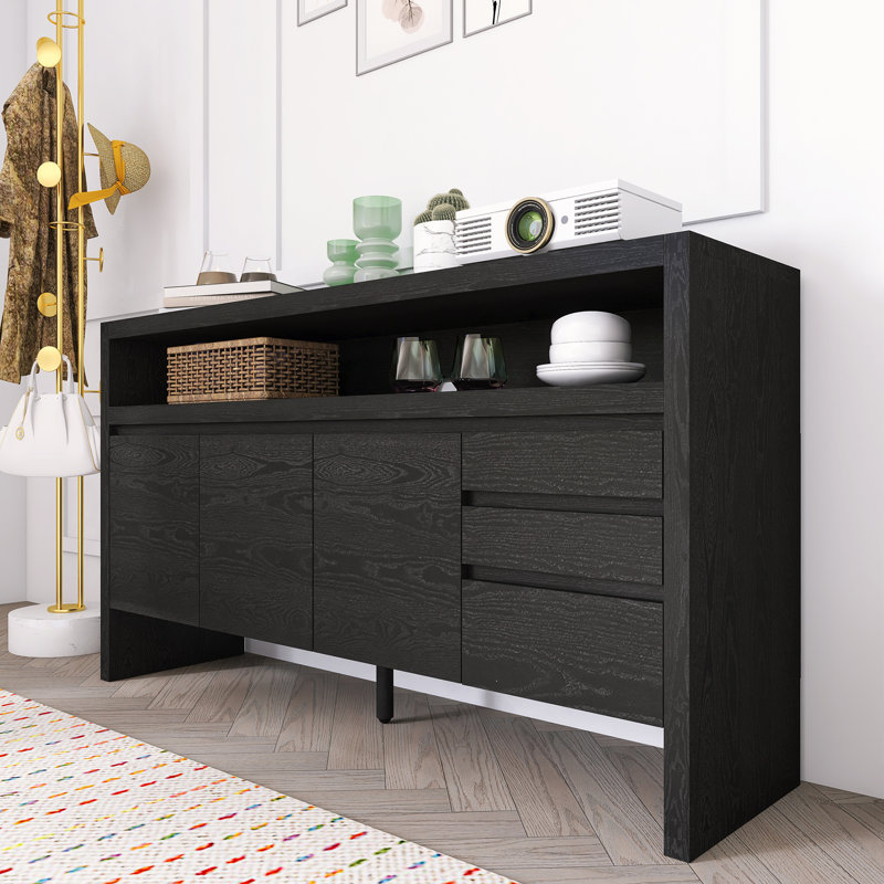 3-Door Sideboard With 3 Drawers - Modern Solid Ash Veneer MDF Sideboard, Black