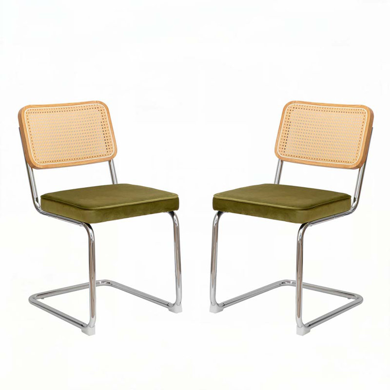 Chaises de salle à manger en velours et rotin avec pieds chromés, Argent argent, Vert olive
