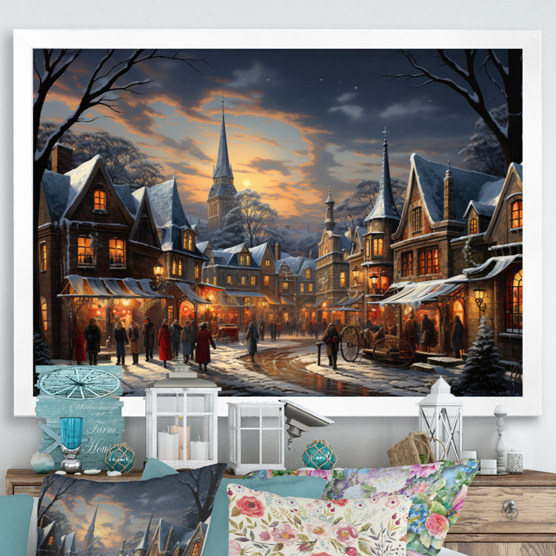 «Winter Village Carnival III», impression d'art mural, H 34 po x l 44 po x P 1,5 po, Cadre simple blanc