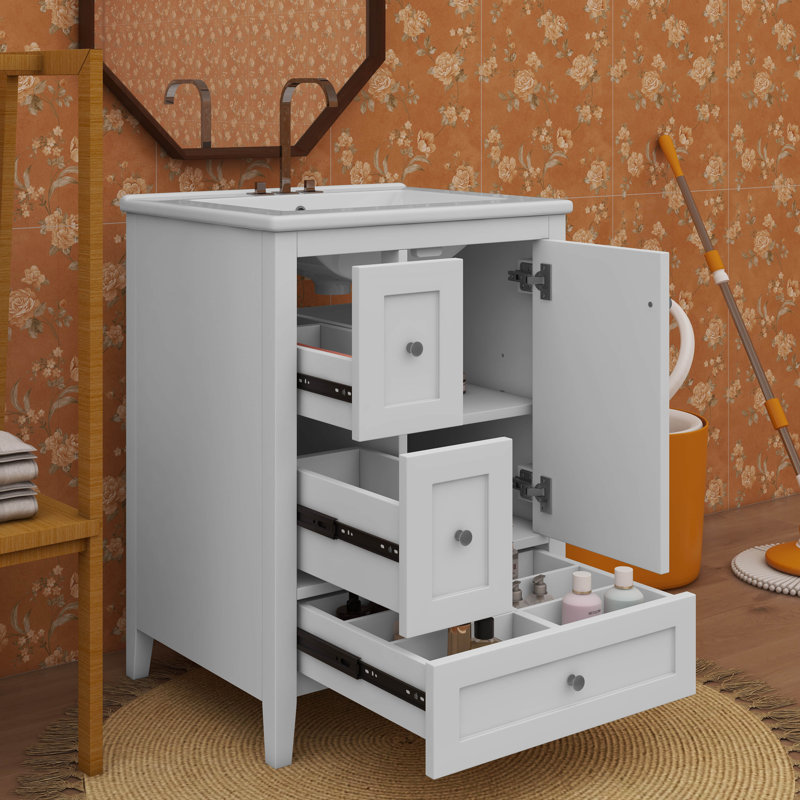 Armoire de salle de bain 24 pouces avec 3 séparateurs amovibles à 3 tiroirs et tablette personnalisable, Blanc