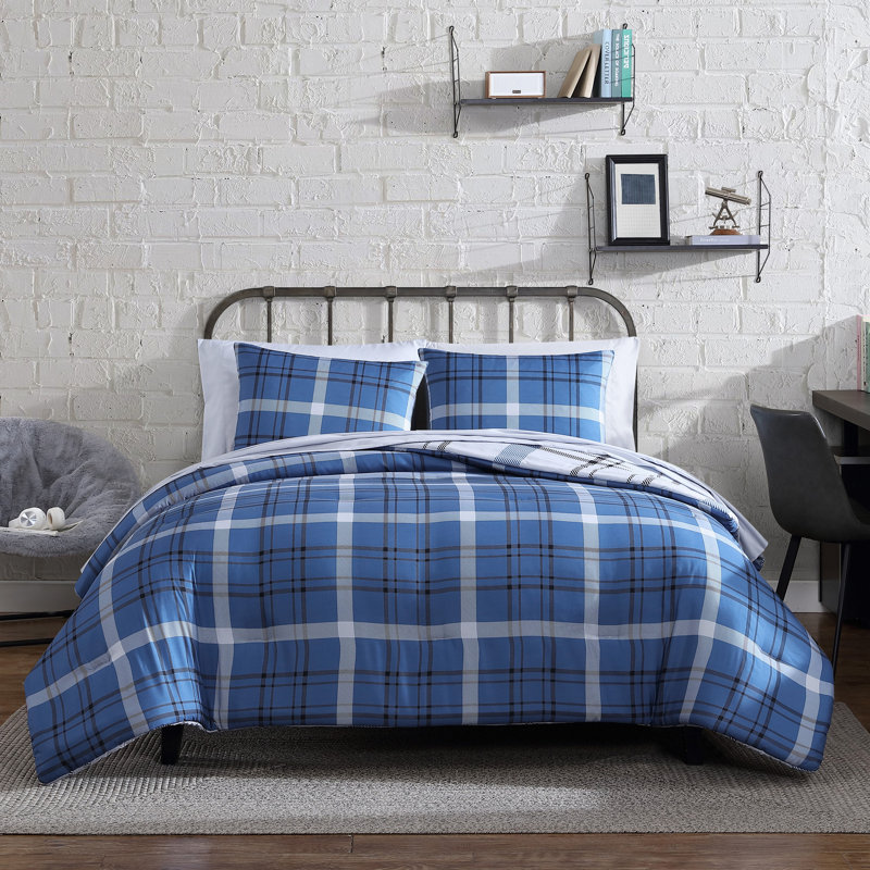 Peri Plaid Reversible Bed in a Bag Comforter Set, Blue, Full Comforter + 6 Additional Pieces