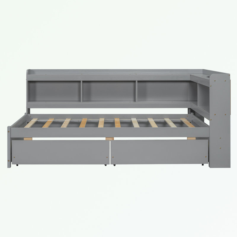 Bookcases Bed with Power Outlets, USB Charging Ports and Two Drawers, Gray, Twin