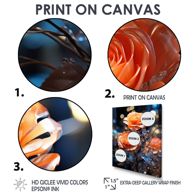 «Vibrant Orange Rose Morning Forest - Roses», reproduction d'art murale, Toile avec cadre flottant noir