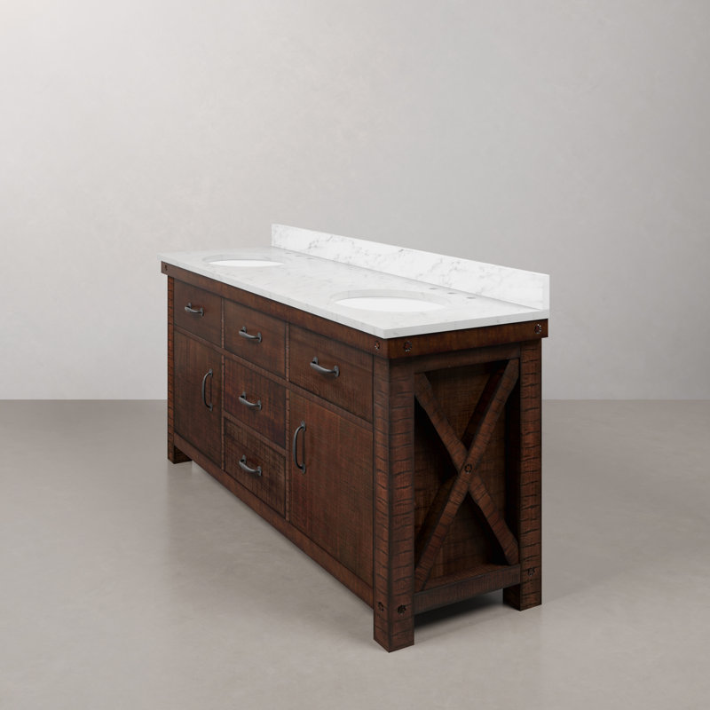 Aberdeen 72 In. Double Sink Blue Limestone Countertop Vanity In Rustic Sierra With Mirrors, Carrara White, Rustic Sierra