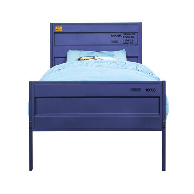 Lit double à finition bleue avec structure en métal, style de contenant de chargement, 21 lattes, capacité de poids de 330 lb, lit de style produit de 76 lb, structure en fer, panneau rectangulaire, hauteur de 44 po
