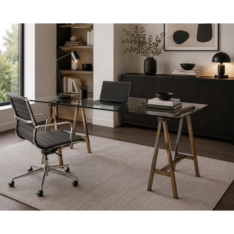 Kapri Tigerlily Glass Desk, 30" H x 71" W x 36" D, Brushed Brass