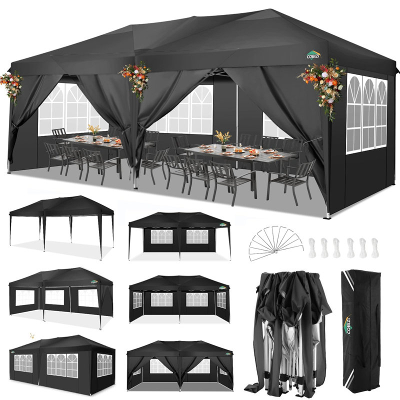 10'W FT. x20'D FT. Pop Up Canopy Tent Waterproof Outdoor Party Tent with 6 Side Walls, Black