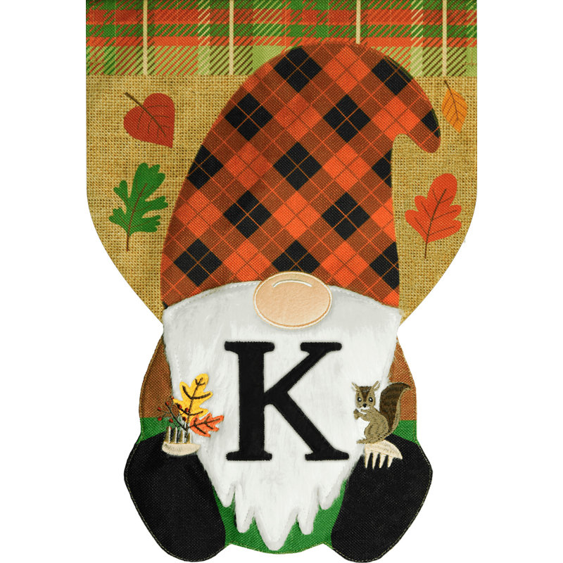 Gnome d'automne, toile de jute, monogramme, lettre K, drapeau de jardin