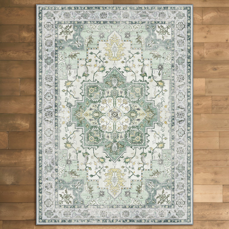 Roehit Performance Machine Washable Green / Beige Area Rug with Non-Slip Rug Pad, Rectangle 8' x 10', Green