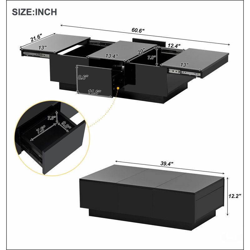 Table basse multifonctionnelle avec 2 grands compartiments de rangement cachés, Noir