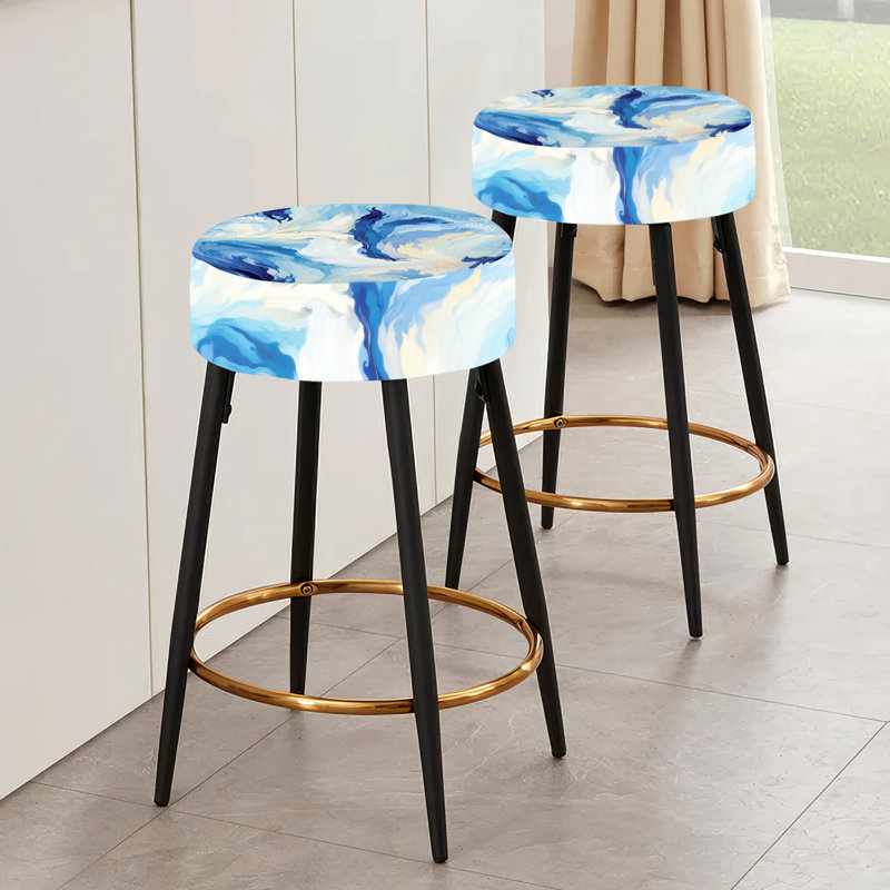 Ensemble de 2 tabourets de bar abstraits bleus et blancs Celestial Ikat Mirage