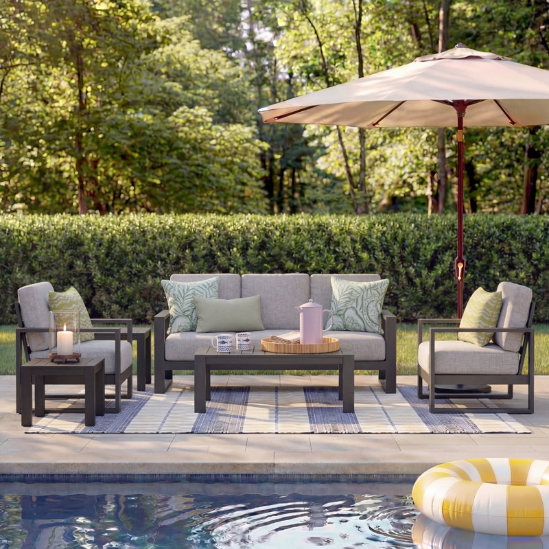 Reva 5 Person Seating Set With Sunbrella® Cushions, Gray/Beige