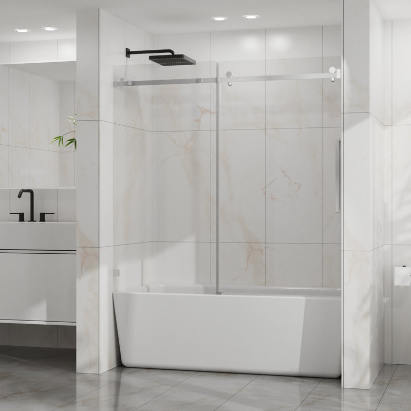 Frameless Bathtub Door, 60" W X 58" H Sleek Silent Sliding Glass Door, 1/4" (6Mm) Thick Tempered Clear Glass With Easy-Clean Coating, Heavy-Duty 304 Stainless Steel