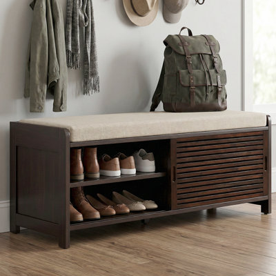 Rustic Entryway Storage Bench With Cushion - Shutter Door Organizer For Shoes And Accessories
