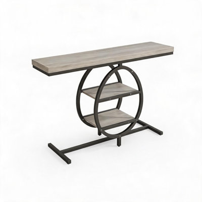 Console d'entrée style pièce de monnaie de 140 cm avec structure en fer et étagères en bois précieux - Table console étroite grise pour couloir, salon, hall d'entrée ou appartement - Table de rangement moderne