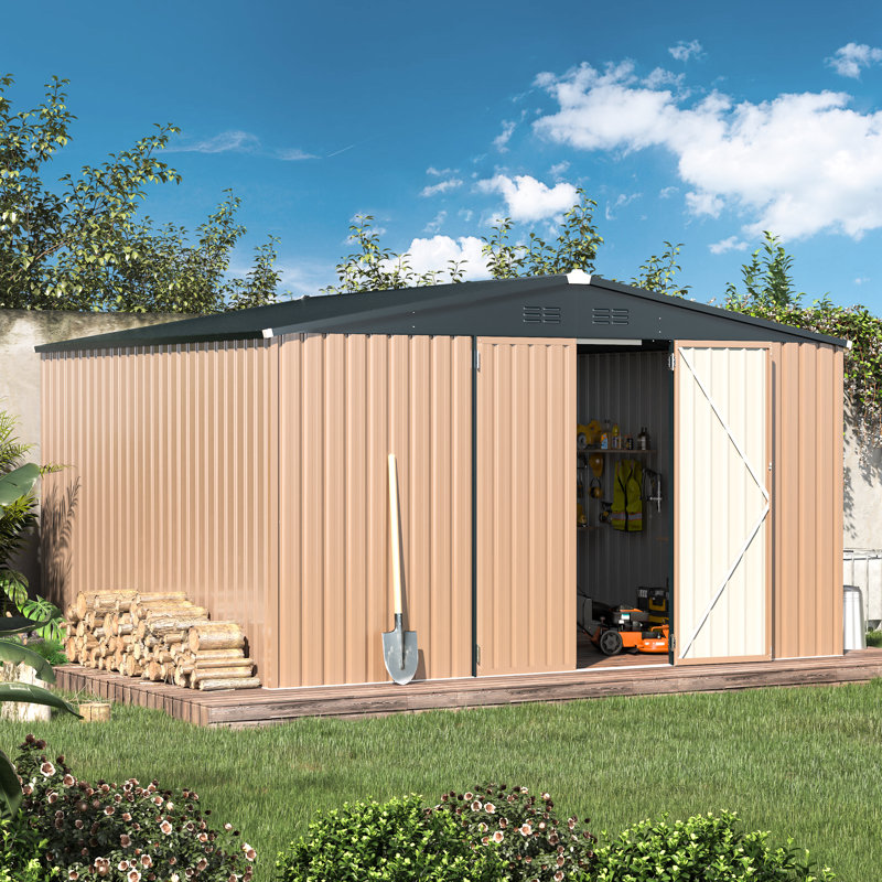 Tan 10' x 12' Metal Outdoor Storage Shed with Lockable Door