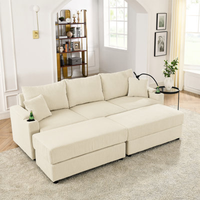 Lit moderne avec 2 repose-pieds et rangement - Velours côtelé beige, siège de 22,5 po, porte-gobelet et téléphone pour le canapé-lit en velours côtelé du salon, repose-pieds, siège profond