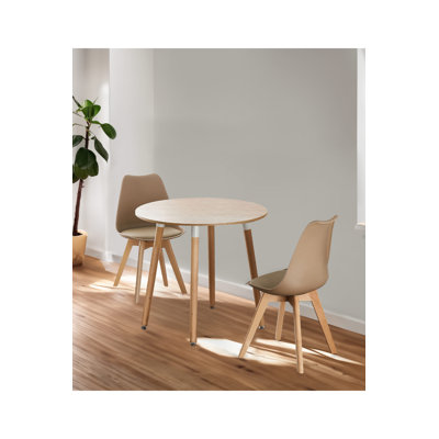 Franconia 2 Person Dining set - a Round Plastic Dining Table with Wooden Legs and a Set of 2 Faux Leather Cushion Padded Dining Chairs for Dining Room - Modern Dining Table Set