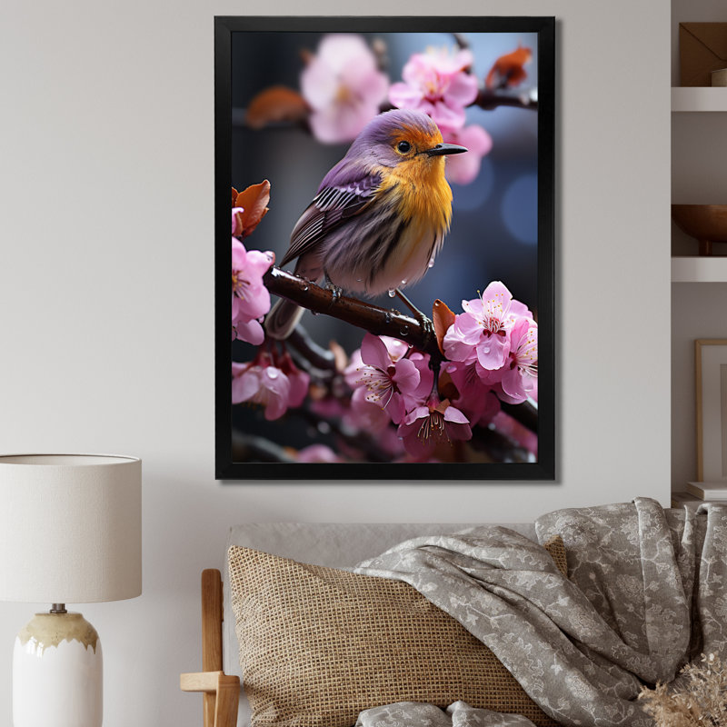 Oiseau jaune sur une fleur de cerisier III sur toile, Cadre simple noir, H 40 po x l 30 po x P 1,5 po