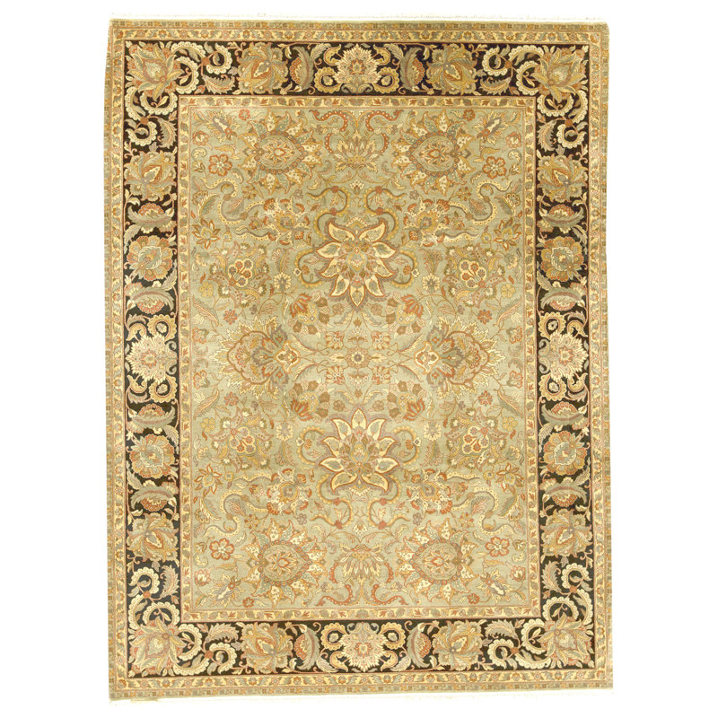 Hand Knotted Wool Oriental Area Rug in Light Green And Ivory