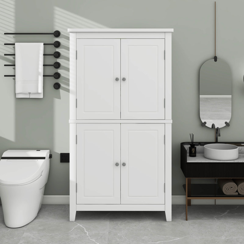 Elegant Freestanding Bathroom Storage Cabinet Organizer With Four Doors & Adjustable Shelves, White