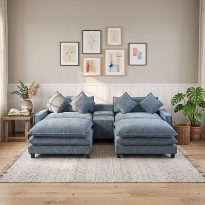 Modern Chenille Sofa with Double Cushions, USB Ports, Cup Holders, Hidden Storage and Removable Ottomans