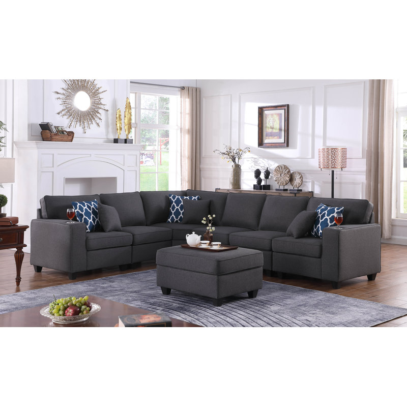 Modular Sofa with Ottoman, Linen, Dark Gray