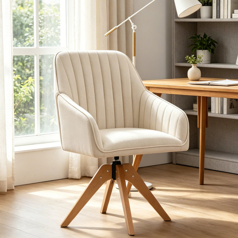  Upholstered Swivel Accent Chair, Linen Fabric Ergonomic Wood Arm Chair for Living Room, Bedroom, Beige Linen Blend