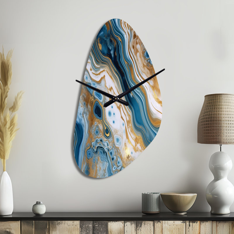 Blue And White Marble Dreams - Fall Shape Decorative Blue Abstract Wall Clock, Medium