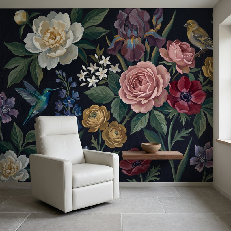Papier peint floral foncé foncé, 200 po x 120 po, Non tissé