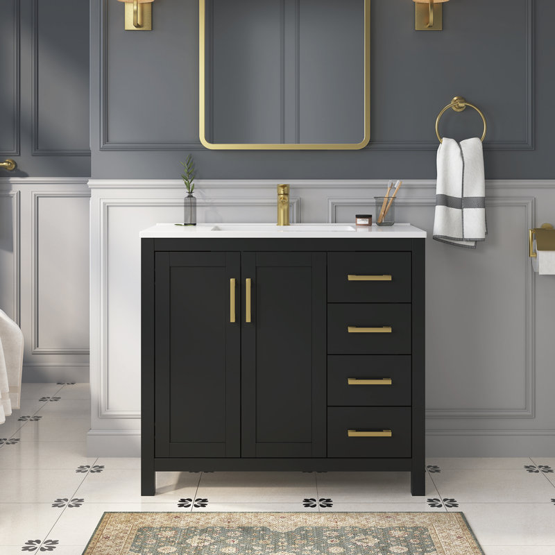 Meuble-lavabo simple autoportant avec plateau en composite Korde, 37", Noir