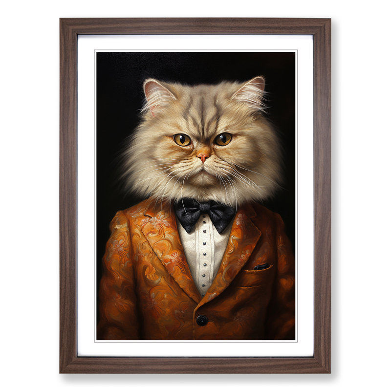 Persian Cat In A Suit No.3 - Single Picture Frame Print on Wood, 34cm H x 25cm W x 2cm D, Walnut