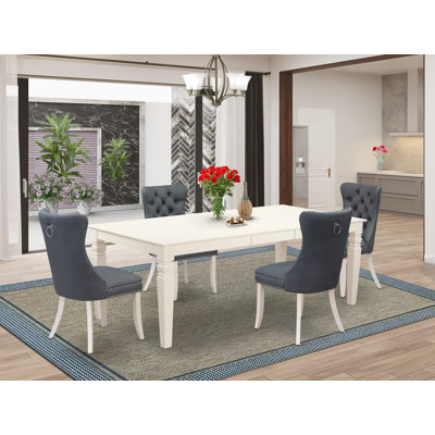 L'ensemble 5 pièces de table et chaises de cuisine comprend une table de salle à manger rectangulaire avec rallonge amovible et 4 chaises rembourrées, 42 x 84 po, lin blanc