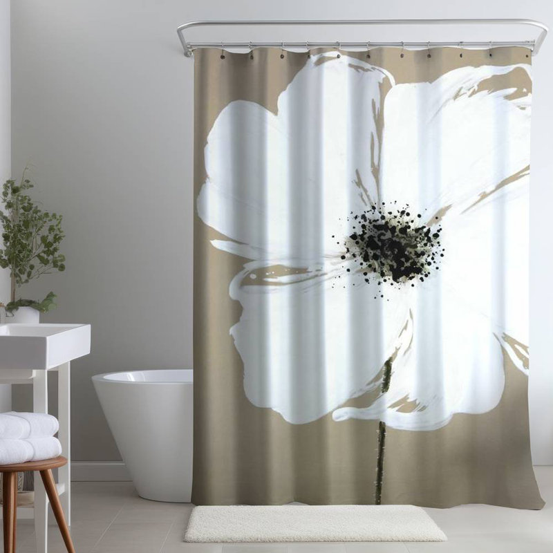 Contemporary White – Abstract Petals Design – Polyester Shower Curtain, Dye Sublimation Print, 71" W × 74" L, White Floral 58